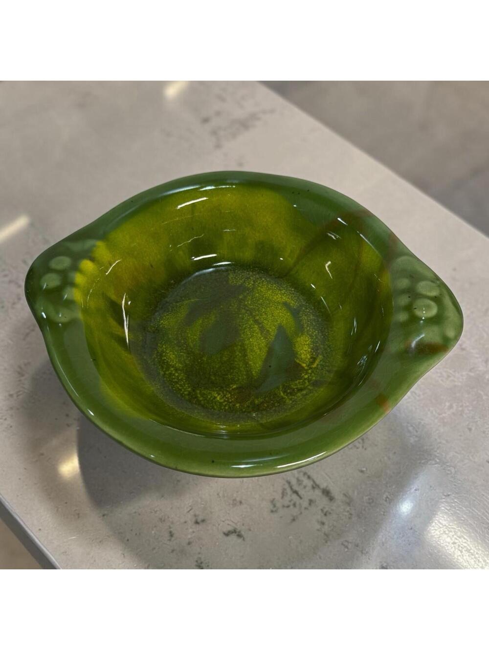 Vintage California Pottery Dish Bowl Ceramic Green Yellow Glaze